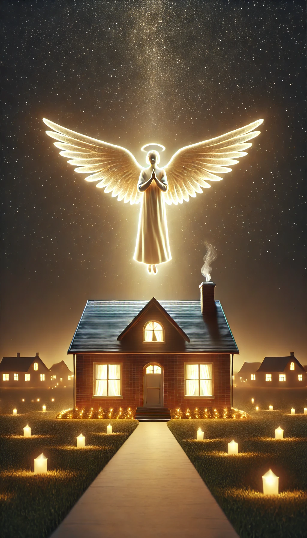 Um anjo pairando sobre uma casa iluminada, cercada por luzes celestiais.