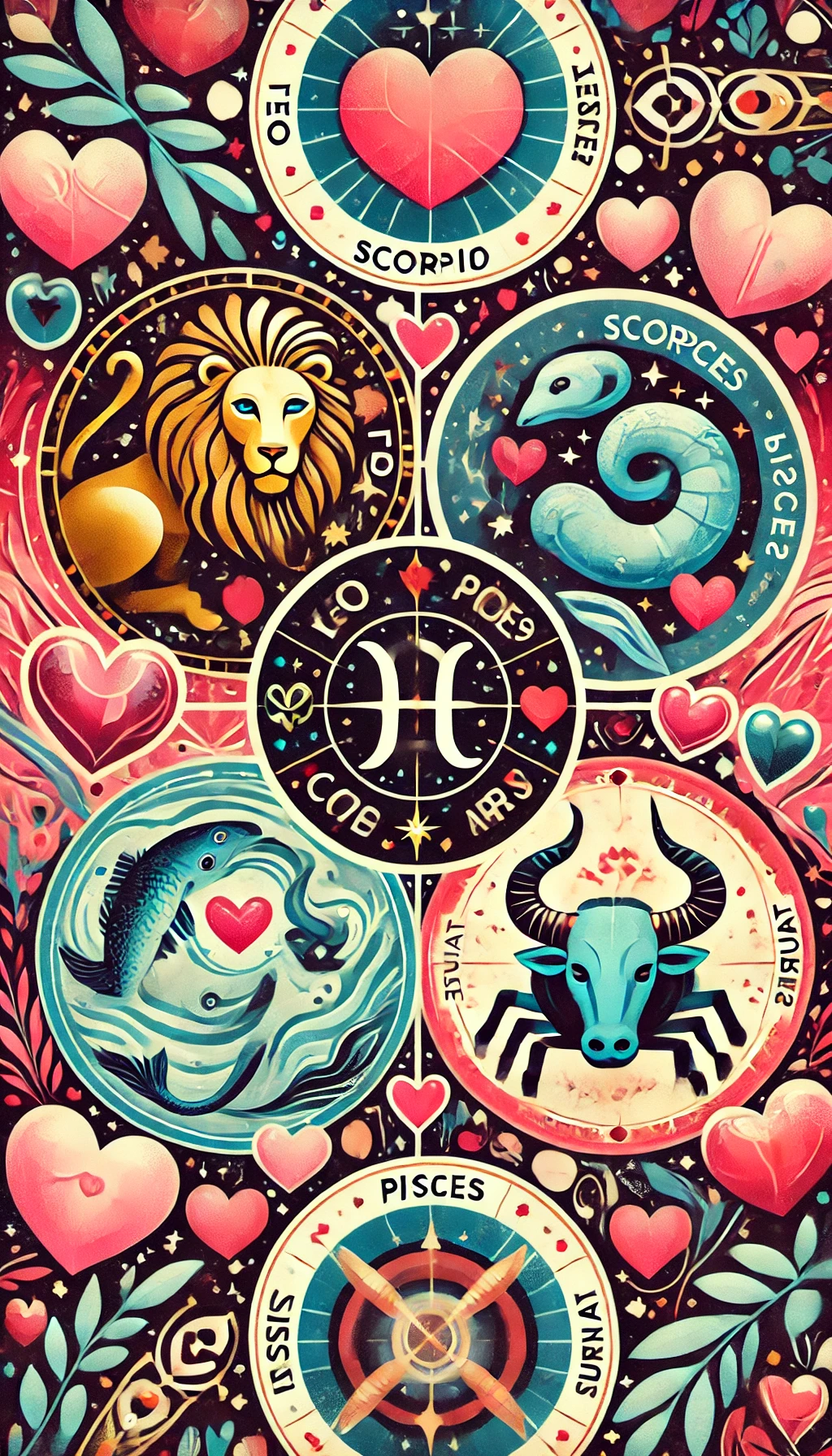 Uma montagem de todos os símbolos dos cinco signos, cercados por corações, representando o amor zodiacal.