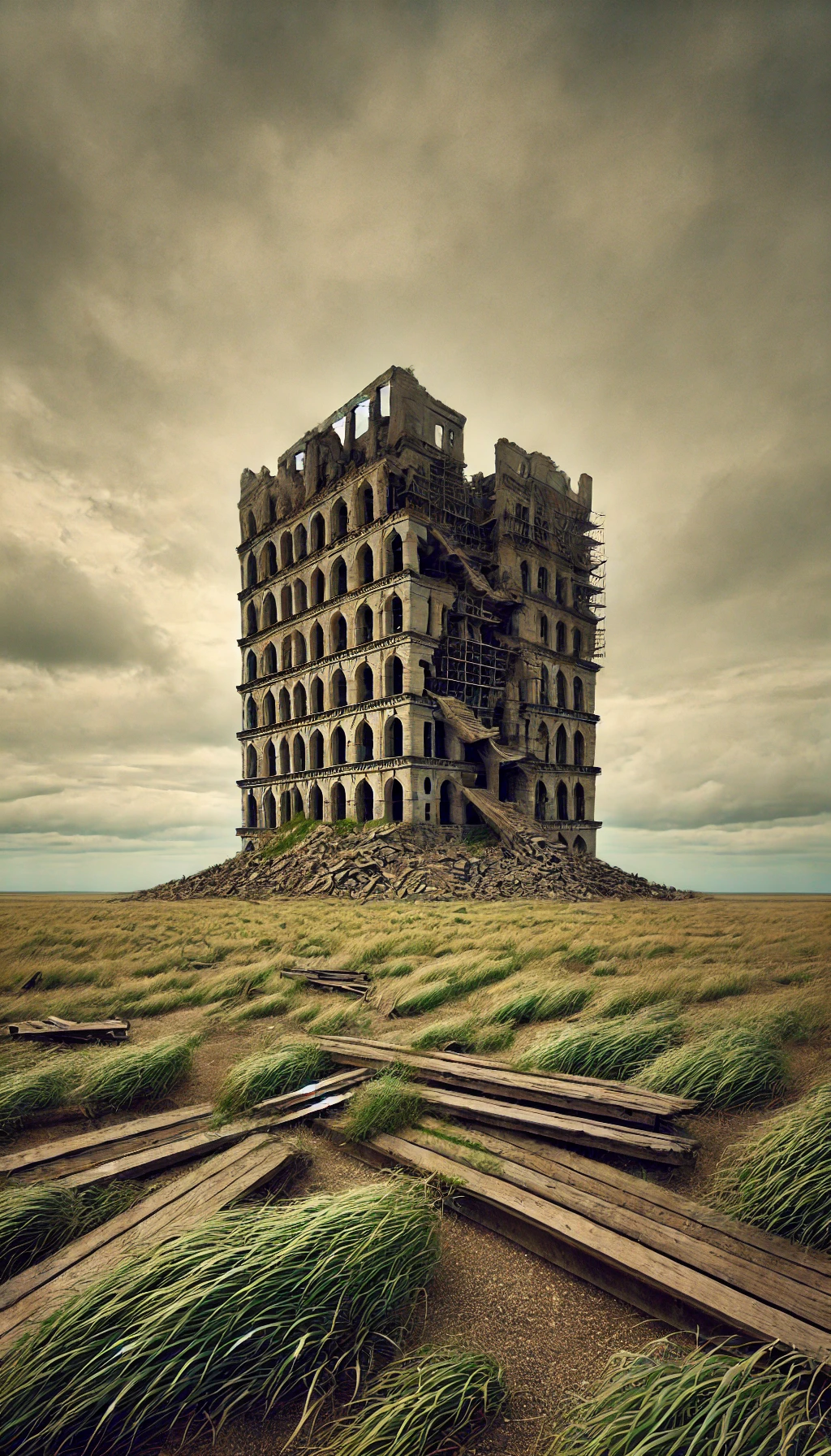 A torre de Babel inacabada e deserta, coberta por ervas daninhas, enquanto o vento sopra em um cenário vazio.