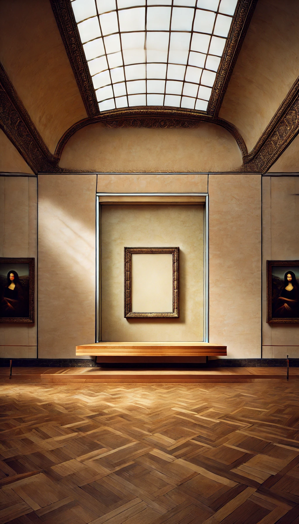 Imagem do Louvre com uma parede vazia onde a Mona Lisa deveria estar.