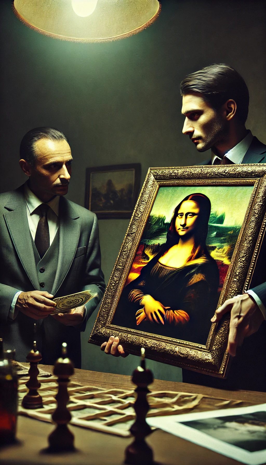 Cena de uma tentativa de venda de uma obra de arte, com um homem segurando a Mona Lisa.