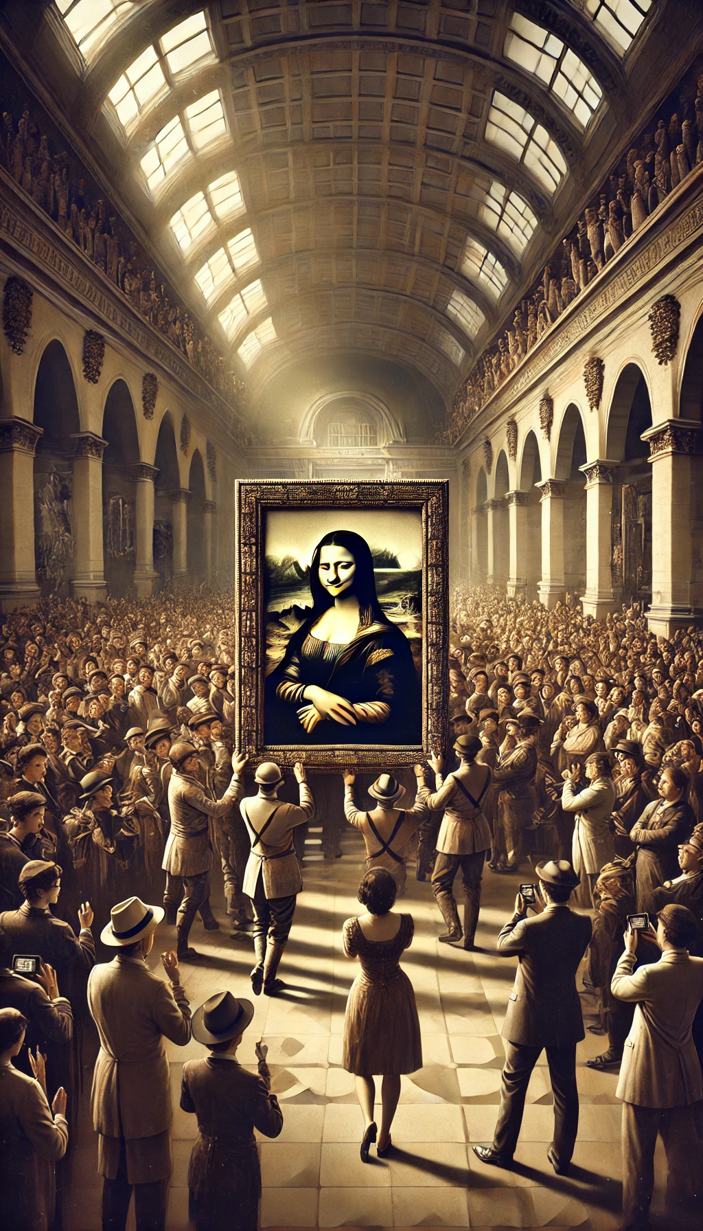 A Mona Lisa sendo devolvida ao Louvre, cercada por uma multidão.