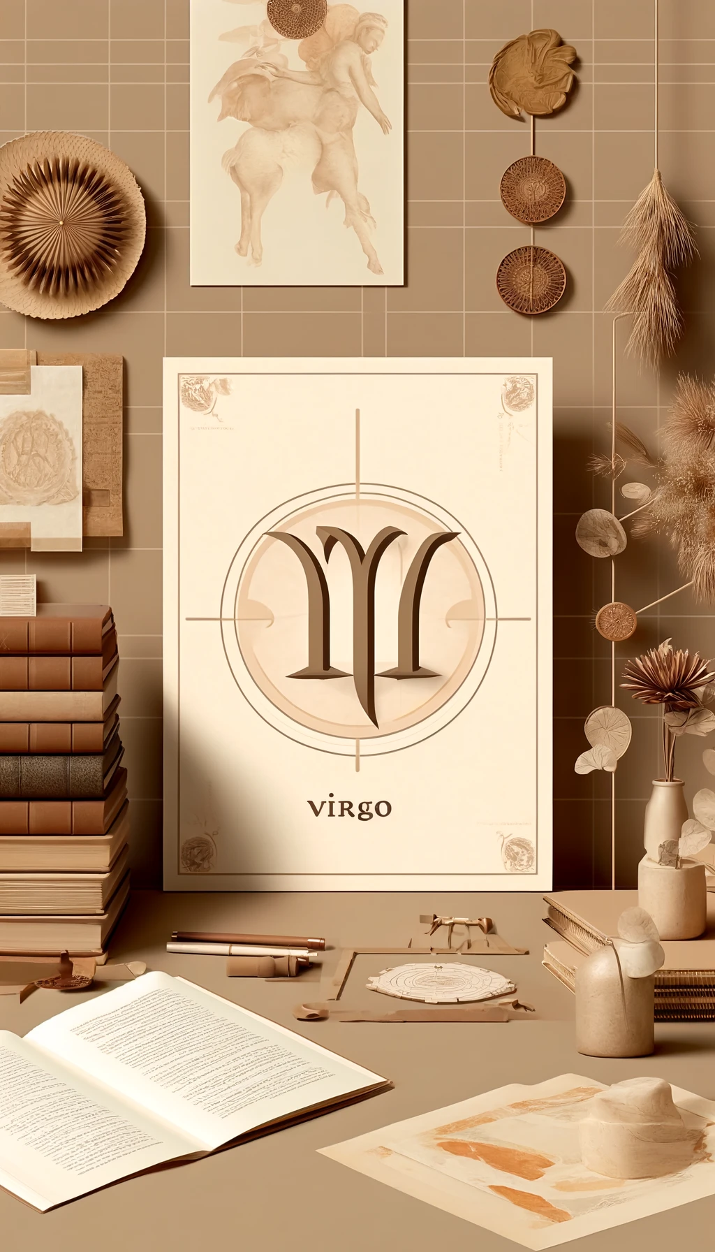 Imagem do símbolo de Virgem com um fundo de livros e papéis, representando sua busca pela perfeição e análise.