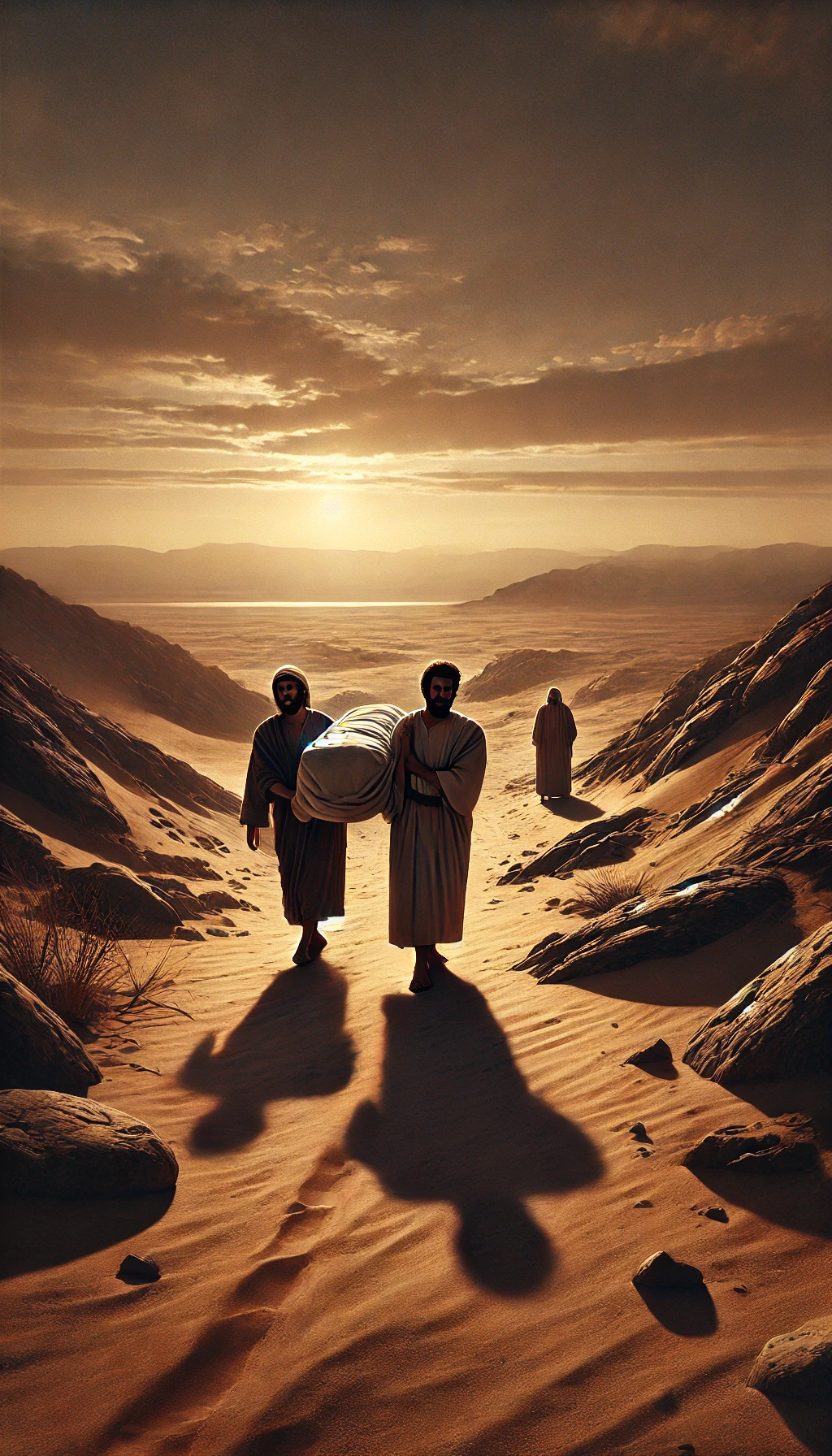 Isaque e Ismael em um deserto rochoso, carregando o corpo de Abraão, prontos para enterrá-lo em um túmulo simples.