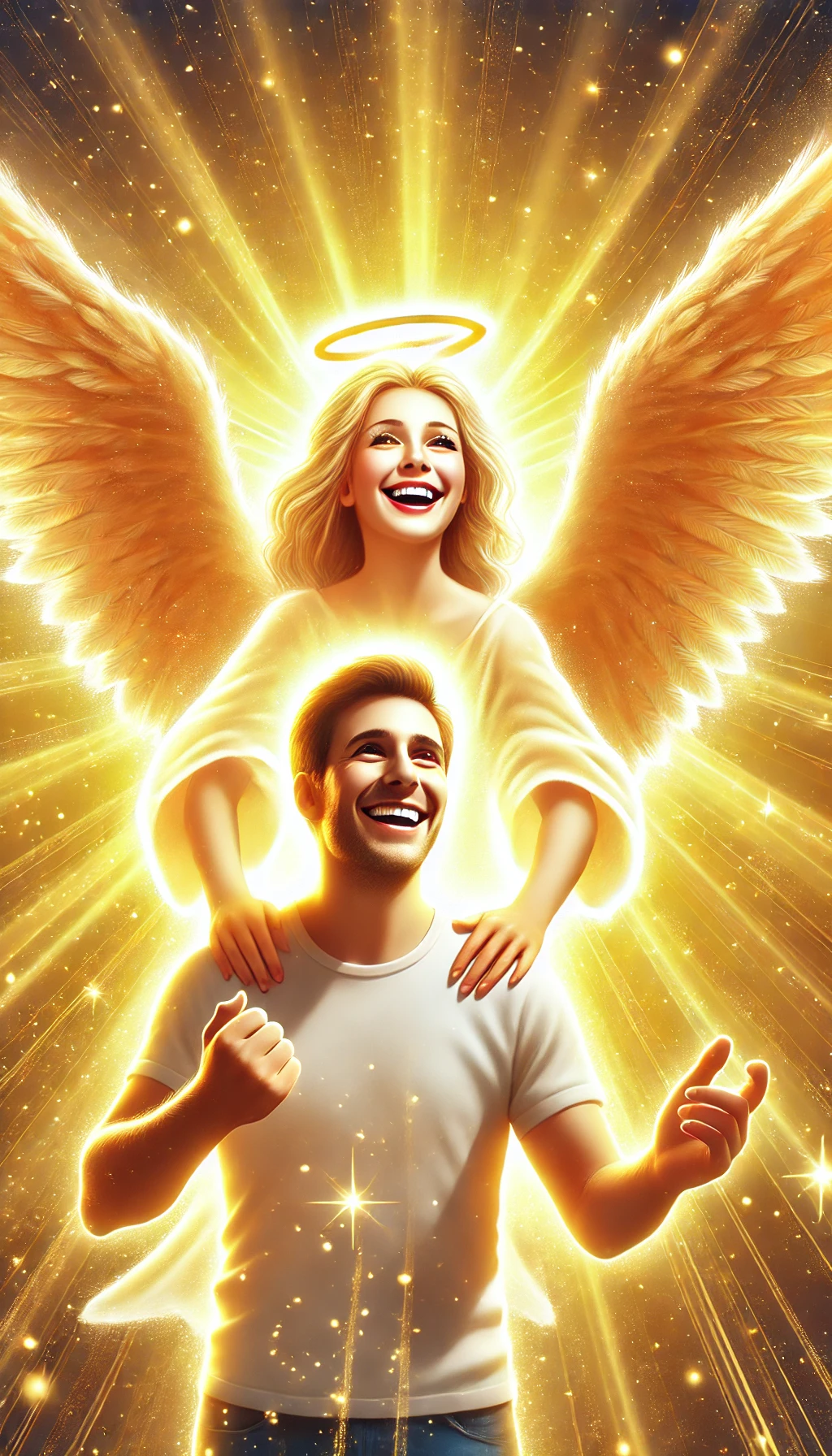 Um anjo sorridente pairando sobre uma pessoa feliz, cercado por uma aura brilhante de luz dourada.