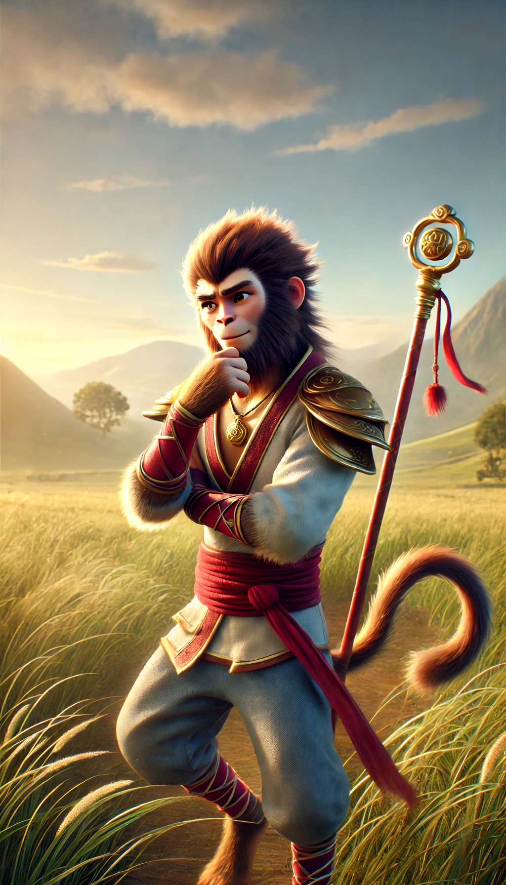 Wukong em um campo, com um olhar astuto, planejando suas próximas ações.