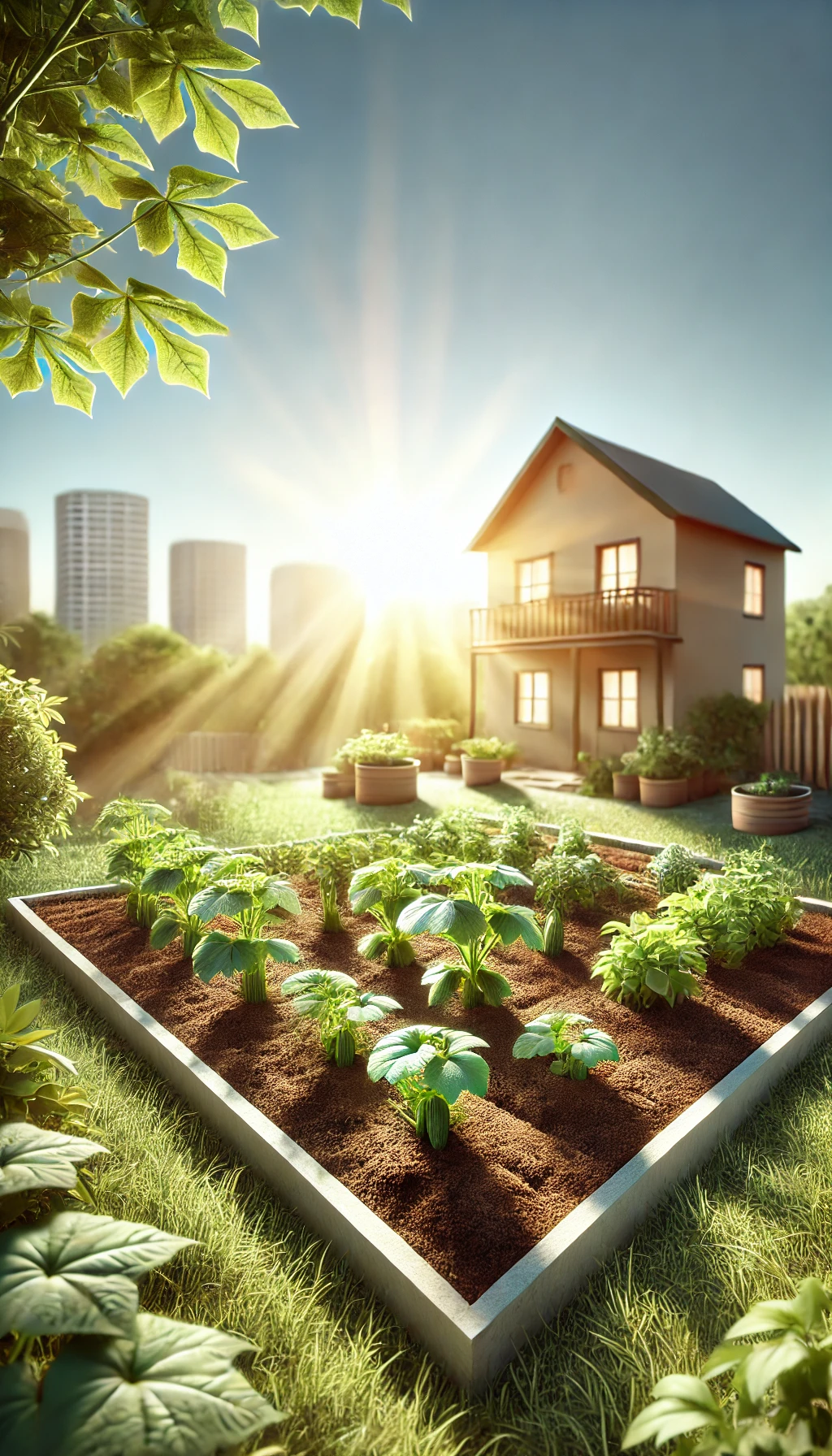 Uma horta em casa com o sol brilhando, destacando o local ideal para plantar os pepinos.