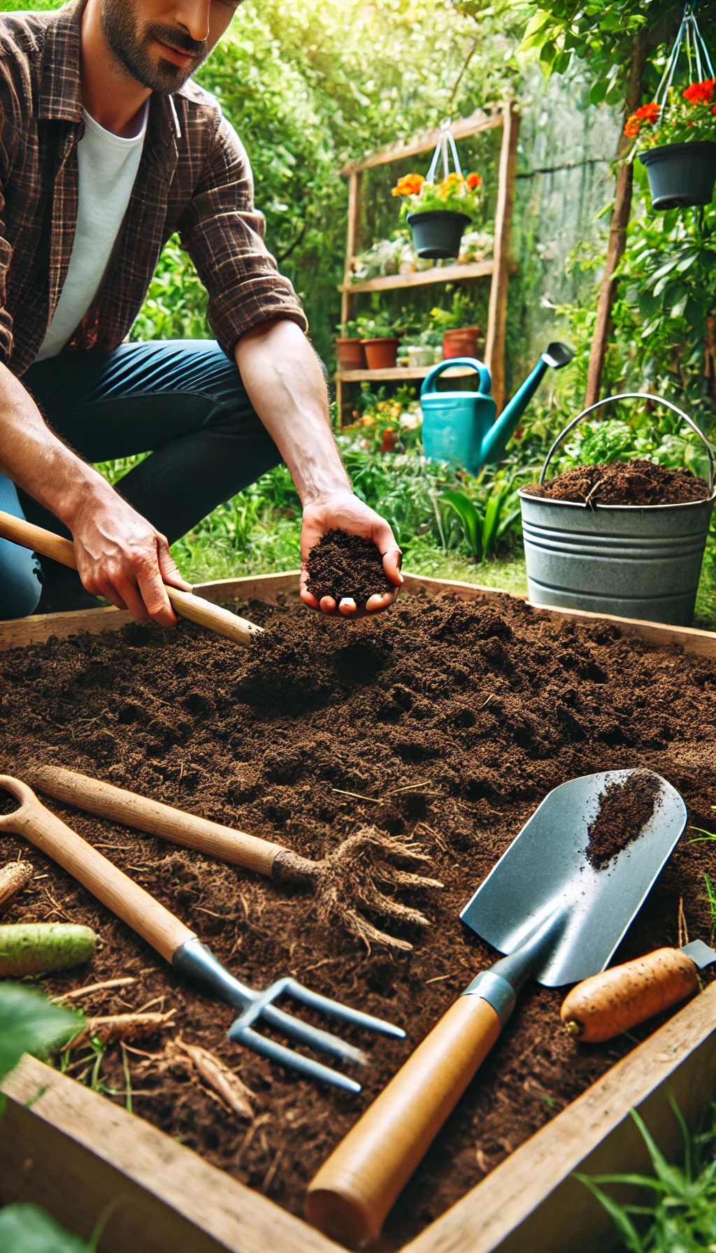 Pessoa misturando composto ao solo em um pequeno jardim, com ferramentas de jardinagem ao redor.