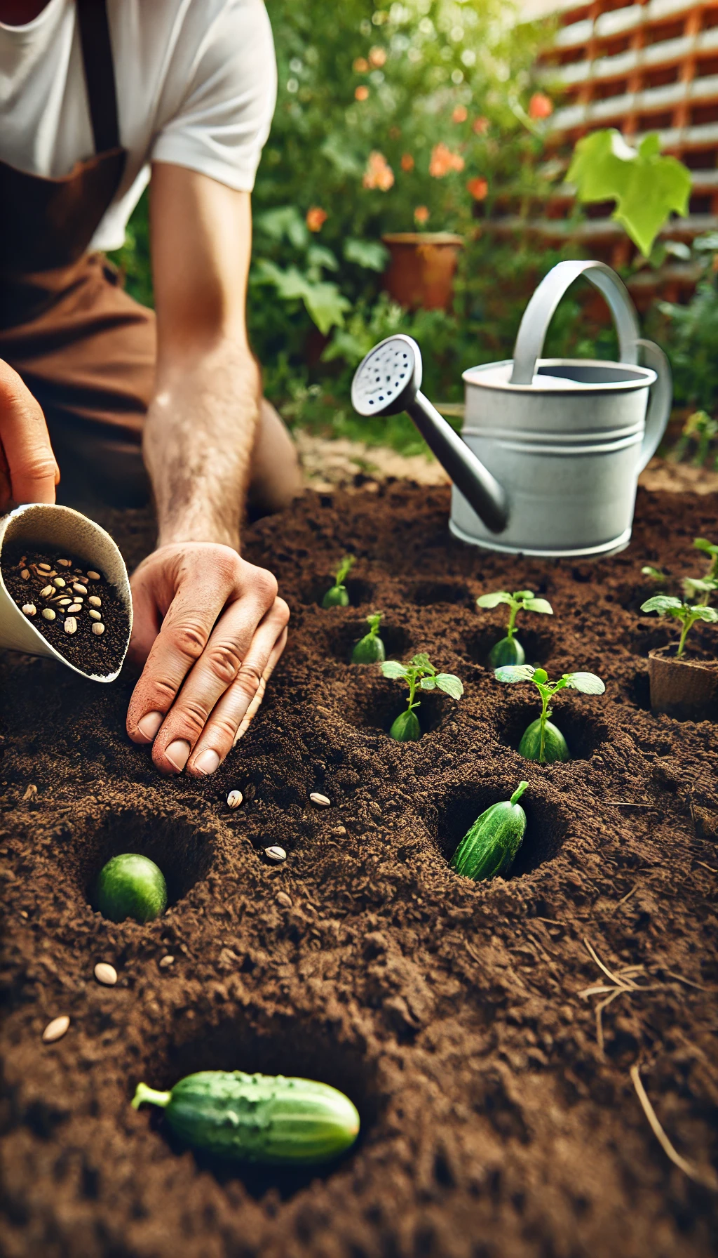 Close-up de uma mão plantando sementes de pepino no solo preparado, com regador ao lado.