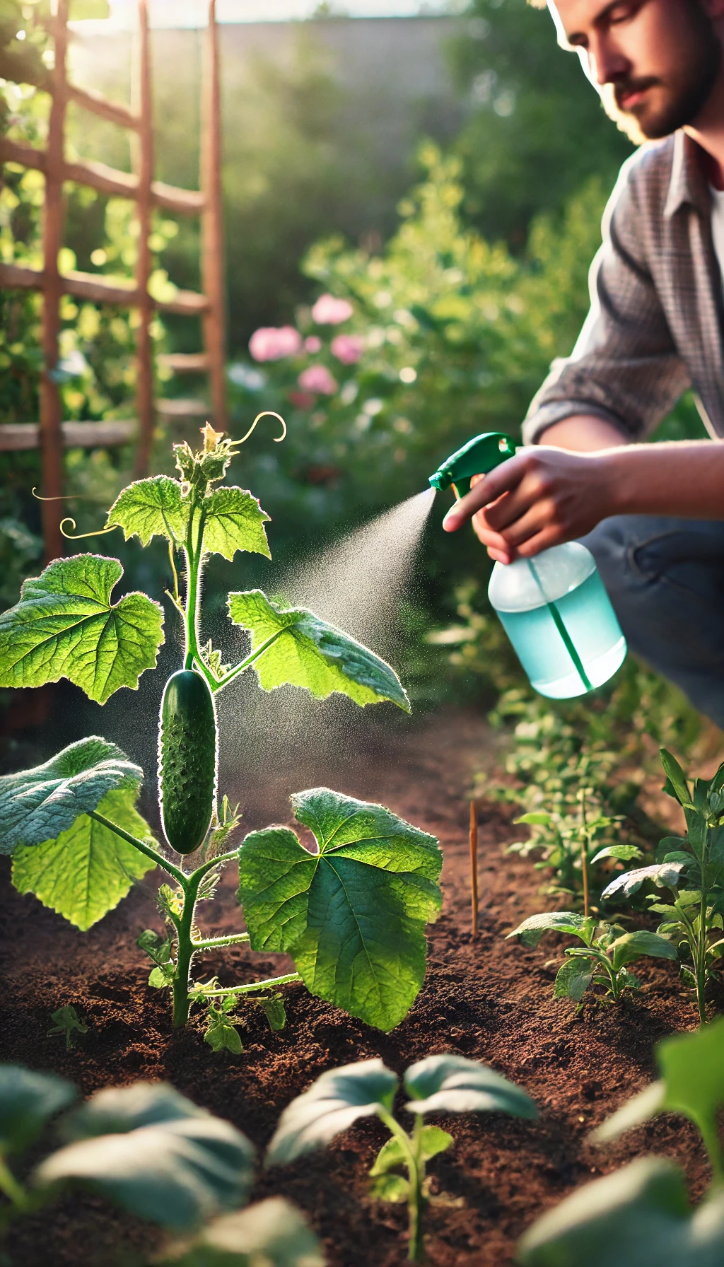 Pessoa borrifando solução natural em uma planta de pepino com folhas saudáveis.