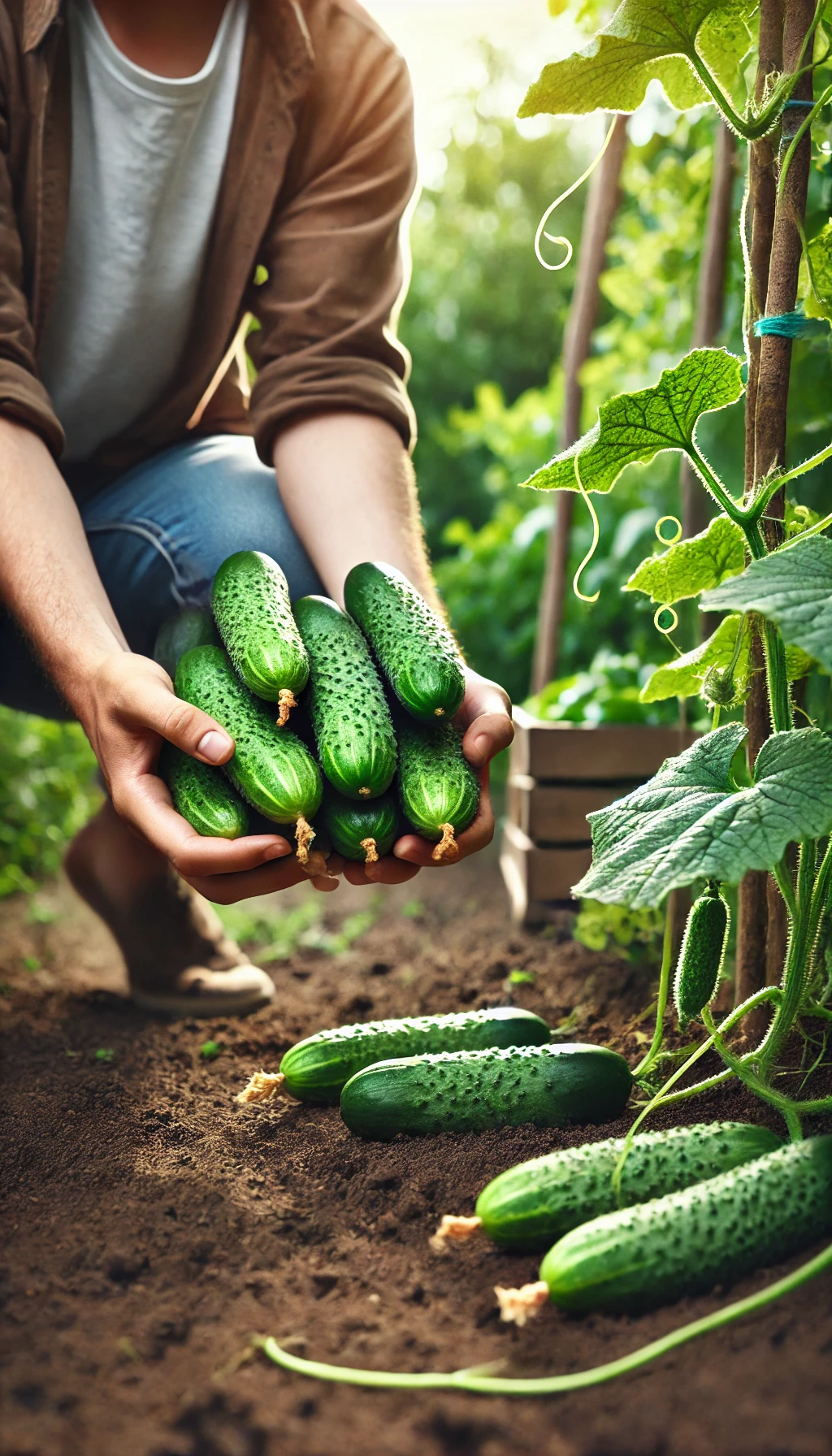 Pessoa colhendo pepinos maduros, brilhantes e verdes, diretamente da planta na horta.