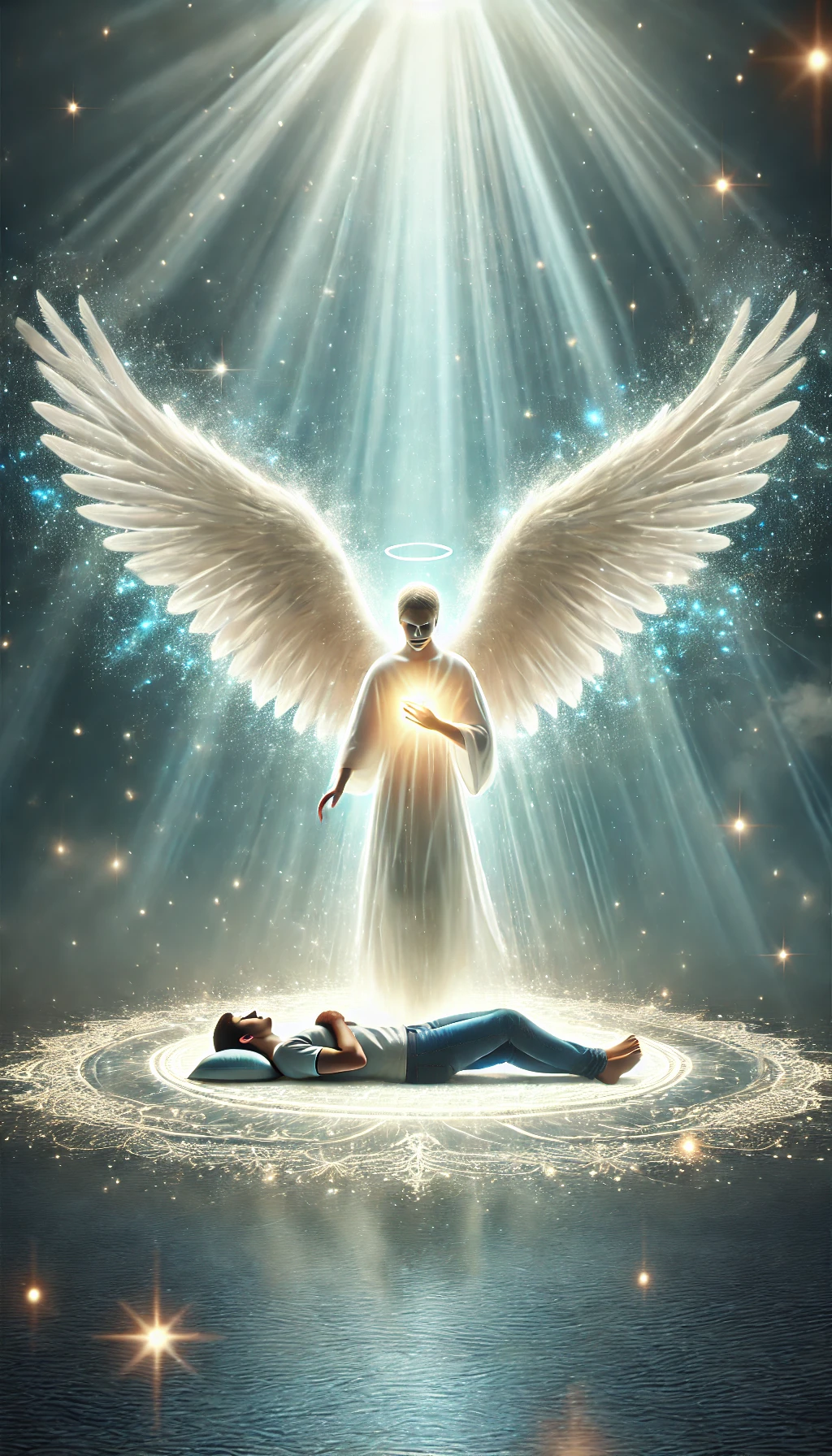 Imagem de uma figura angelical com asas luminosas, pairando suavemente sobre uma pessoa, emanando luz.