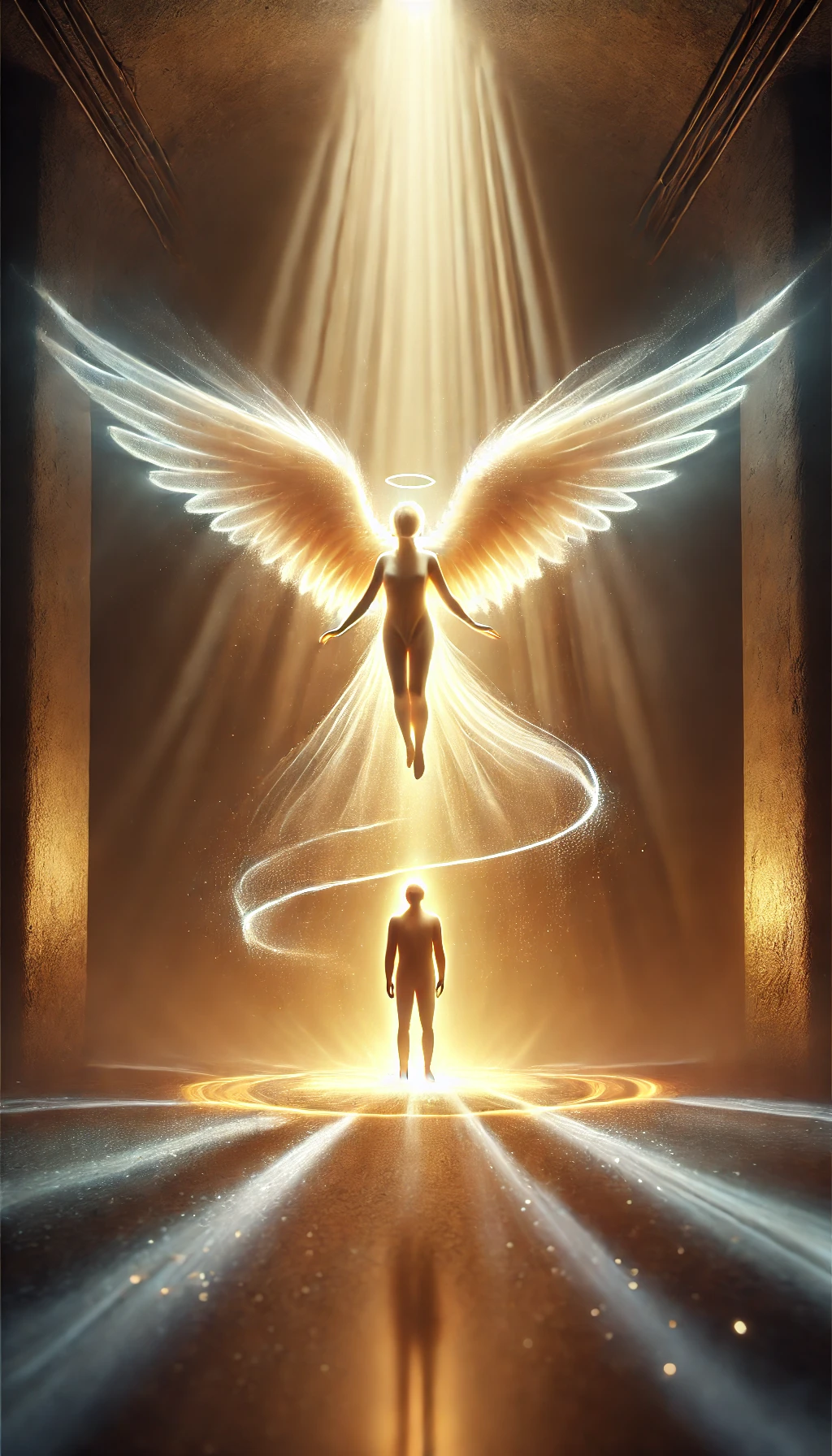 Imagem de uma figura angelical com asas luminosas, pairando suavemente sobre uma pessoa, emanando luz.