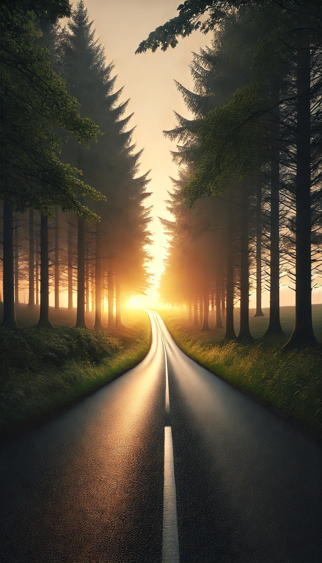 Uma estrada serena, cercada por árvores, com uma luz suave no horizonte, representando esperança no final do caminho.