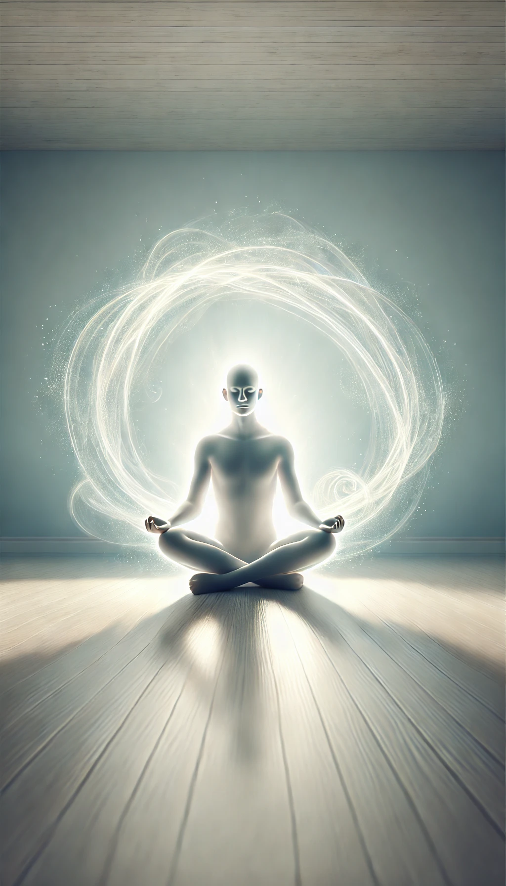 Pessoa em posição de meditação, envolvida por uma luz branca suave, simbolizando serenidade e autocuidado espiritual.