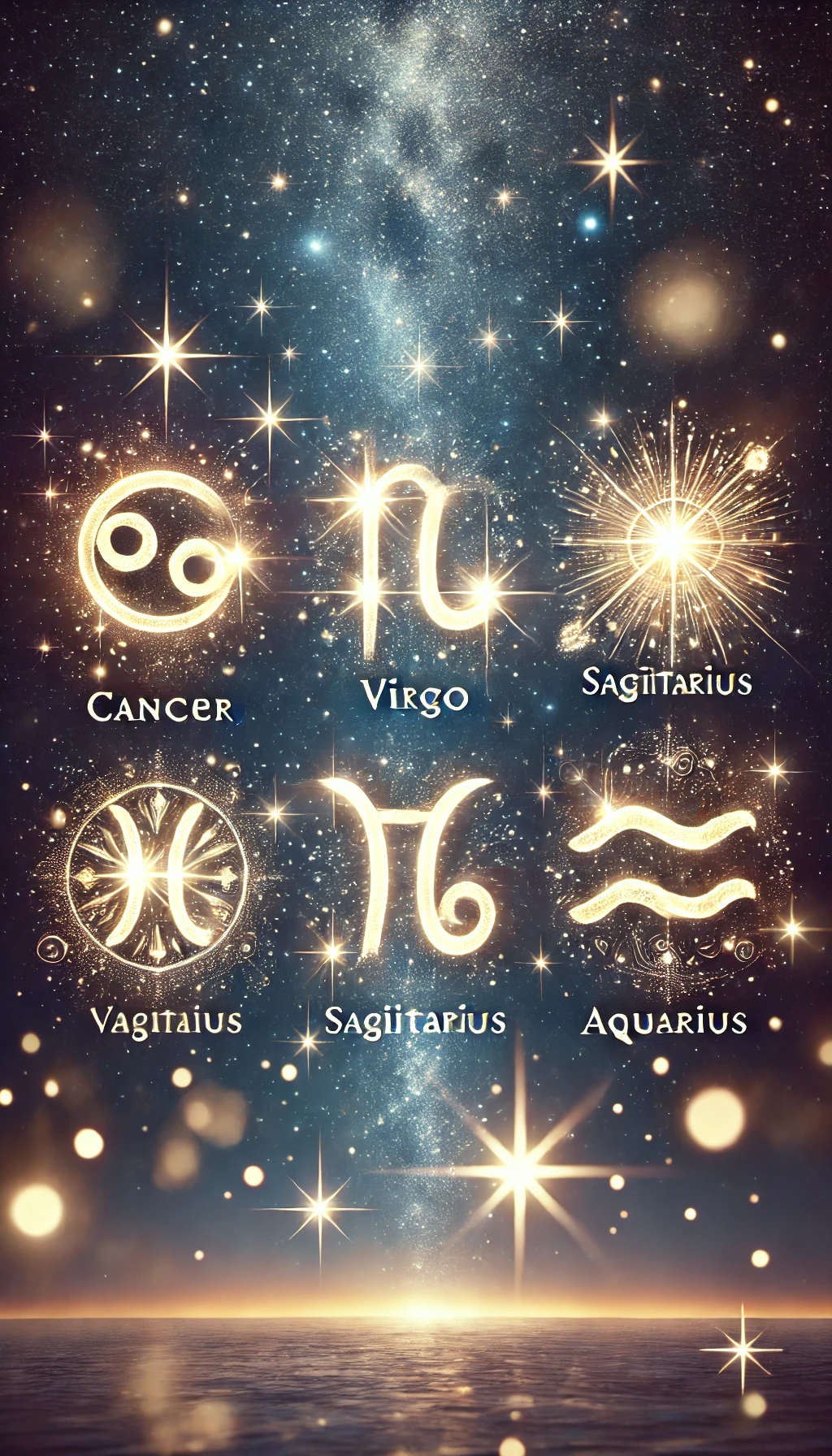 Imagem com os símbolos dos 4 signos sorteados (Câncer, Virgem, Sagitário e Aquário) iluminados por estrelas cintilantes.