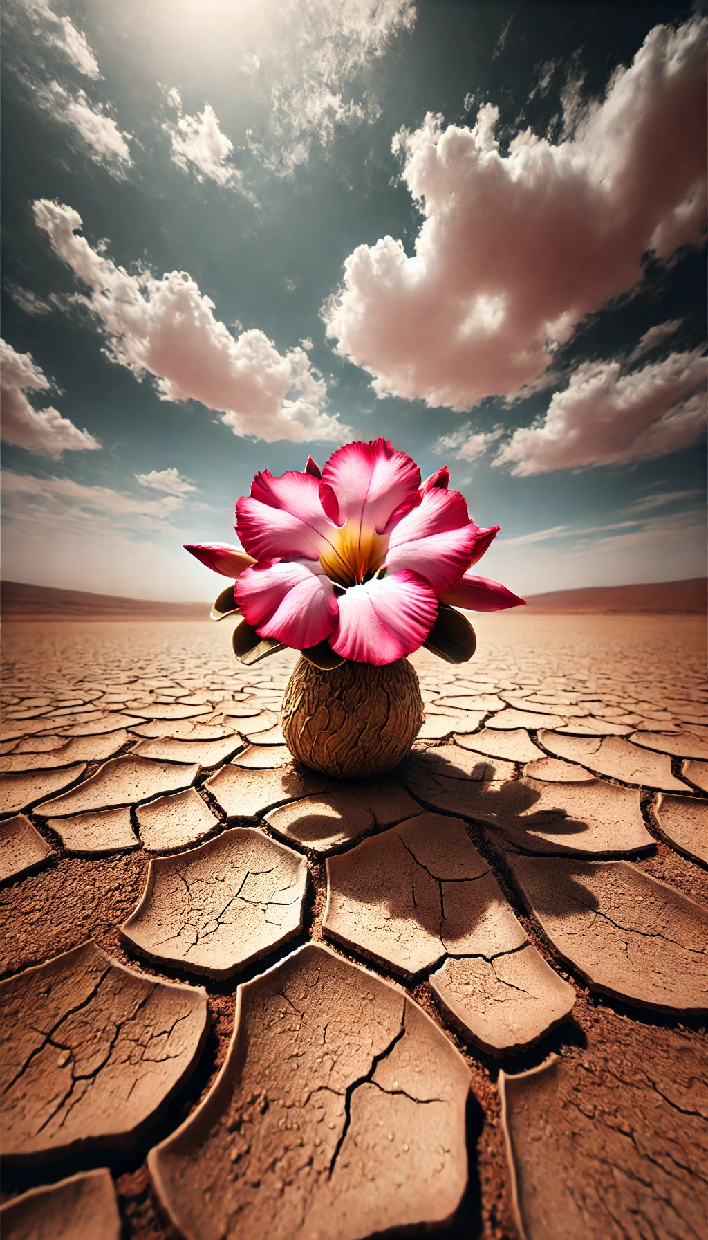 Uma planta Rosa do Deserto em destaque, com suas pétalas rosadas e tronco grosso, em contraste com o solo seco ao fundo.