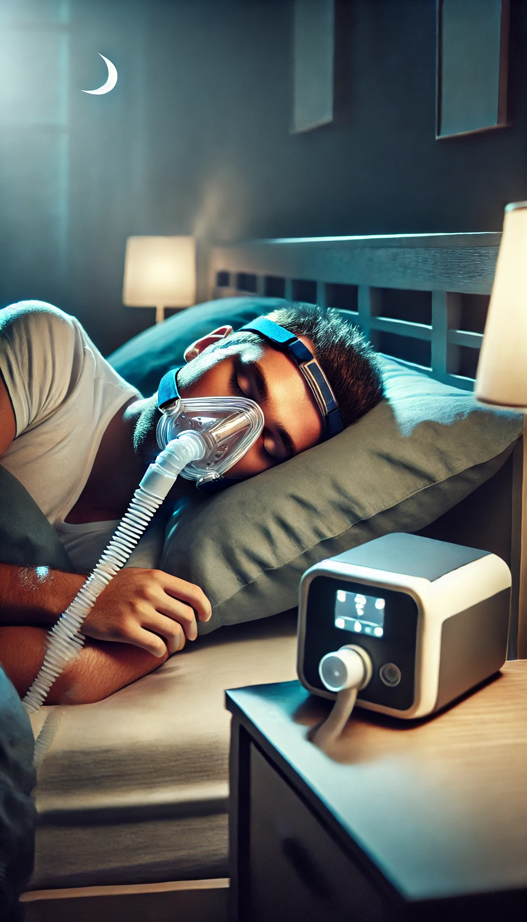 Uma pessoa dormindo tranquilamente com uma máscara de CPAP conectada, enquanto respira de forma calma e regular.