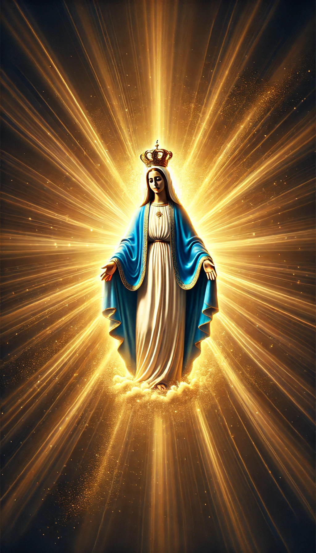 Nossa Senhora com um manto azul radiante, em pé com as mãos abertas, emitindo uma luz protetora ao seu redor, enquanto raios de luz dourada descem do céu.