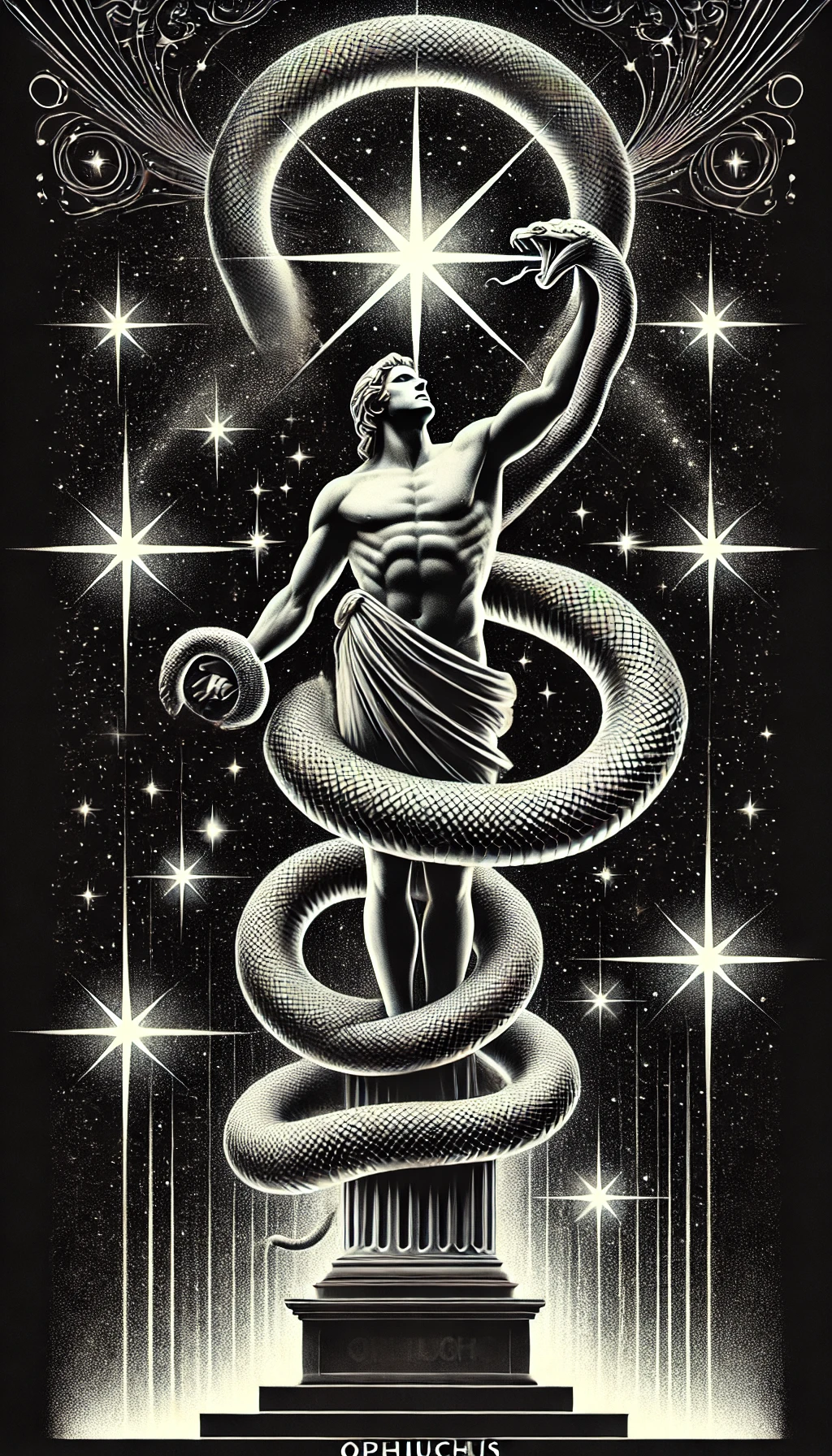 Uma figura mítica de Ophiuchus segurando uma serpente, envolto por estrelas brilhantes, com uma aura de poder e mistério.