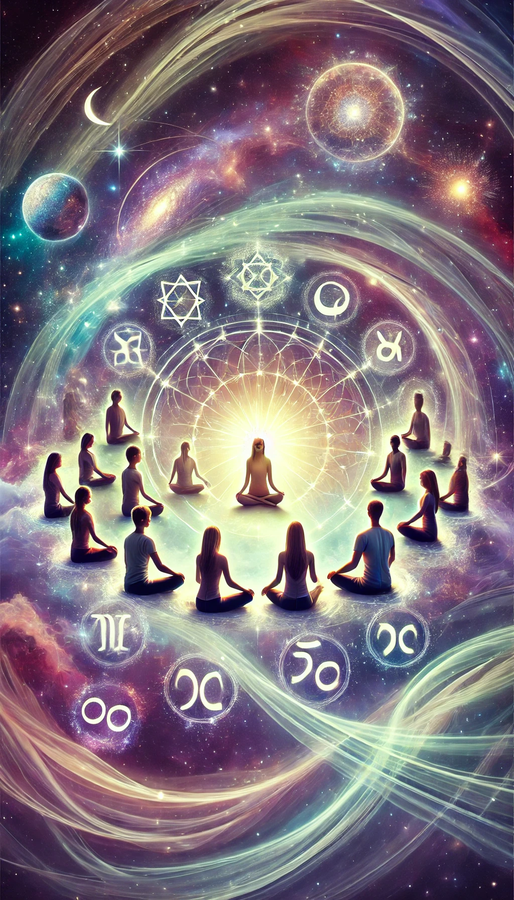 Várias pessoas de diferentes signos sentadas em círculo, meditando em harmonia, com o universo e energias espirituais fluindo ao redor deles.